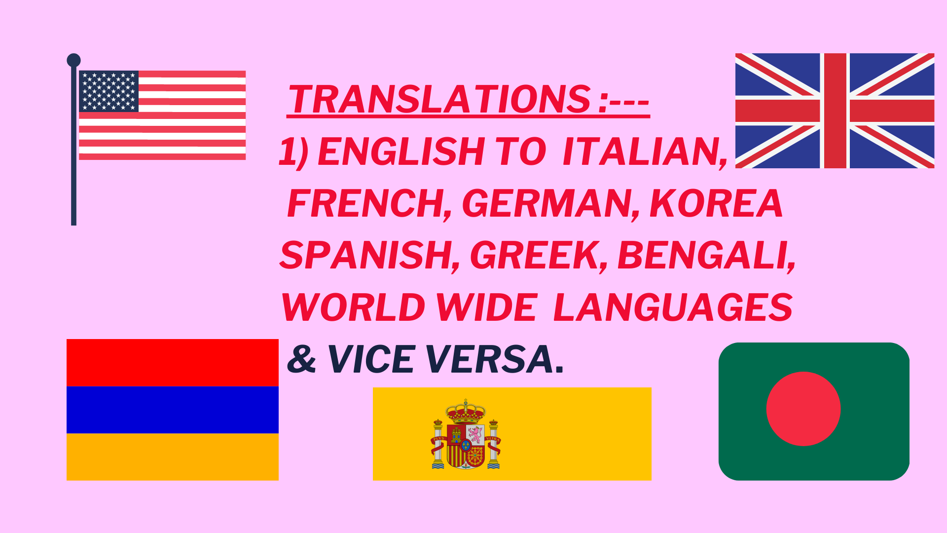 We will Translate English to Spanish, German, Italian, Korea, French, Greek and others 
